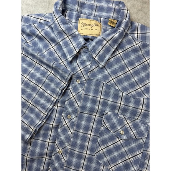 Wrangler Other - Wrangler Pearl Snap Shirt Mens 3XL Blue Plaid Short Sleeve Western Workwear